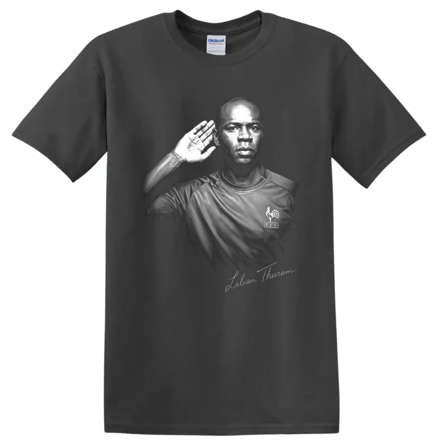 Lilian Thuram France defender monochrome portrait with raised-hand listening gesture on a Charcoal T Shirt