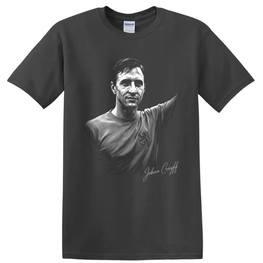 Johan Cruyff monochrome soccer portrait with raised arm and signature-style text on a Charcoal T Shirt