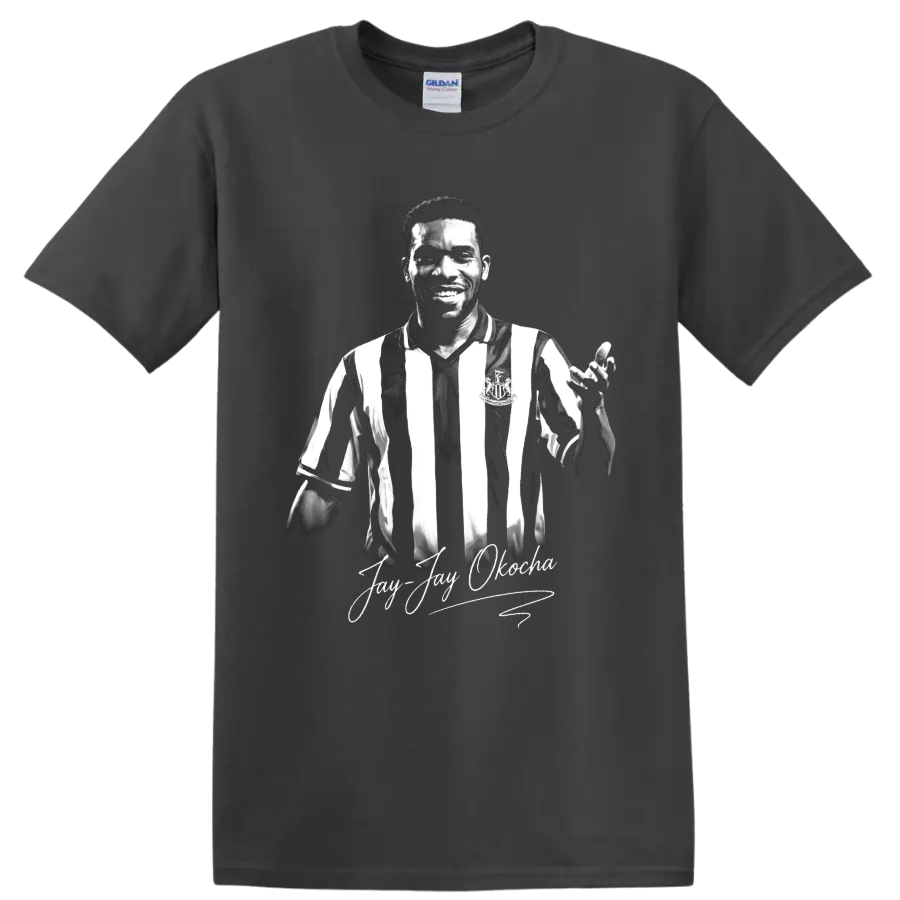 Jay-Jay Okocha monochrome soccer portrait with striped jersey and signature script on a Charcoal T Shirt