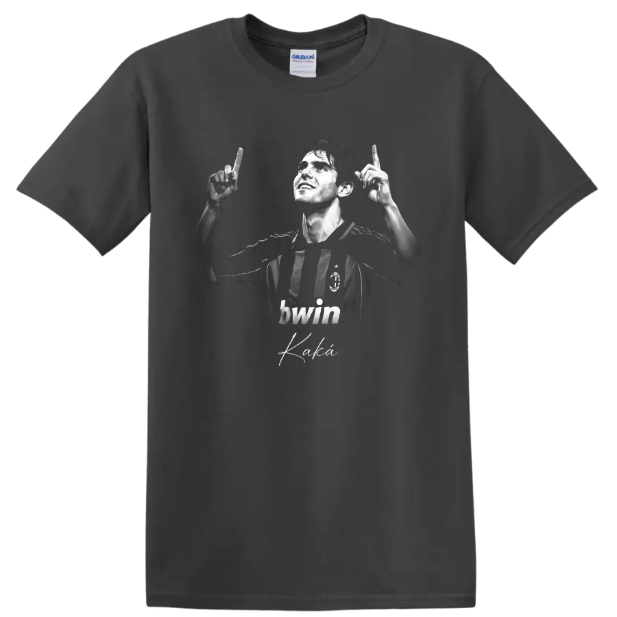 Kaká AC Milan monochrome portrait with raised hands and signature-style script on a Charcoal T Shirt