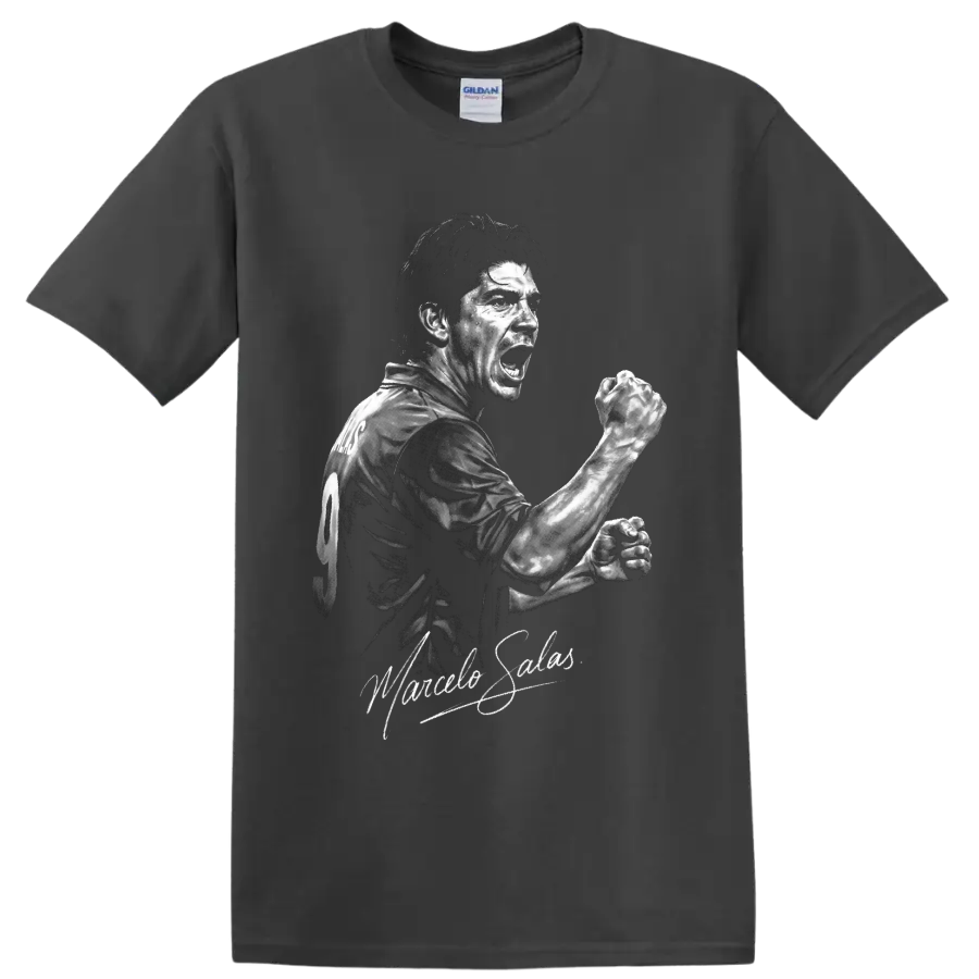 Marcelo Salas monochrome soccer striker portrait with clenched-fist celebration on a Charcoal T Shirt