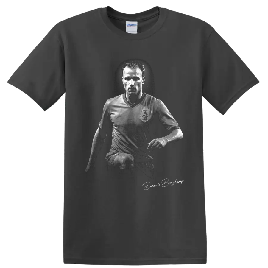 Dennis Bergkamp monochrome Netherlands soccer portrait with signature-style script on a Charcoal T Shirt
