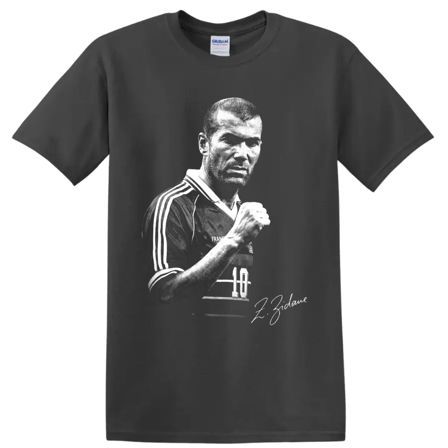 Zinedine Zidane black-and-white France soccer portrait with number 10 and signature on a Charcoal T Shirt