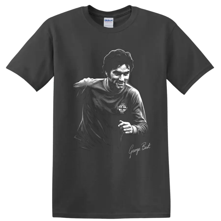 George Best Northern Irish soccer portrait in high-contrast monochrome art on a Charcoal T Shirt