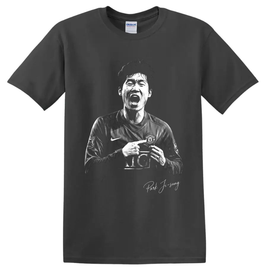 Park Ji-sung Manchester United soccer portrait in dramatic monochrome poster style on a Charcoal T Shirt