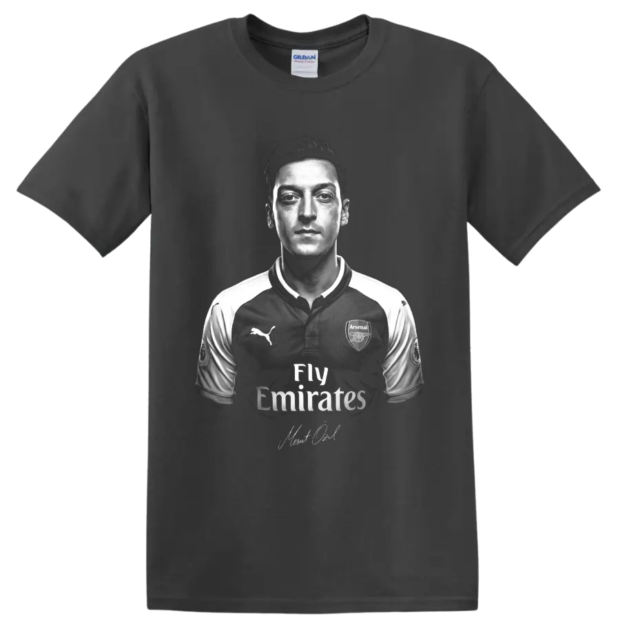 Mesut Ozil Arsenal soccer portrait in dramatic black-and-white graphic art on a Charcoal T Shirt