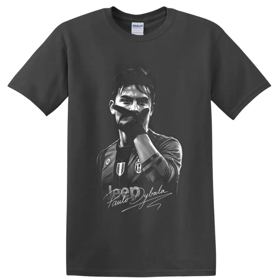 Paulo Dybala monochrome soccer portrait with mask-style celebration pose and signature on a Charcoal T Shirt