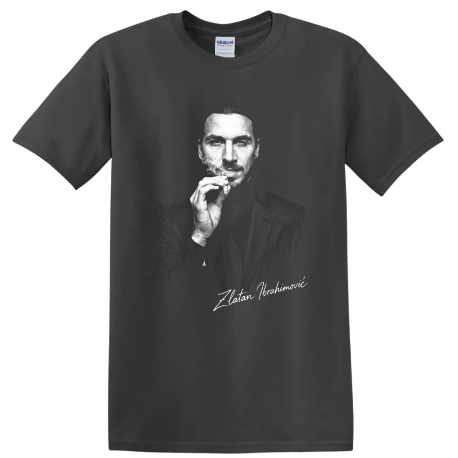 Zlatan Ibrahimović black-and-white smoking portrait with signature-style text on a Charcoal T Shirt