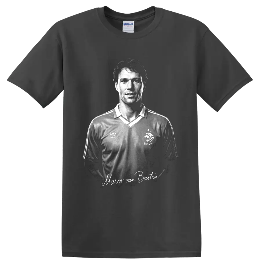 Monochrome Marco van Basten Dutch soccer portrait with signature-style lettering on a Charcoal T Shirt