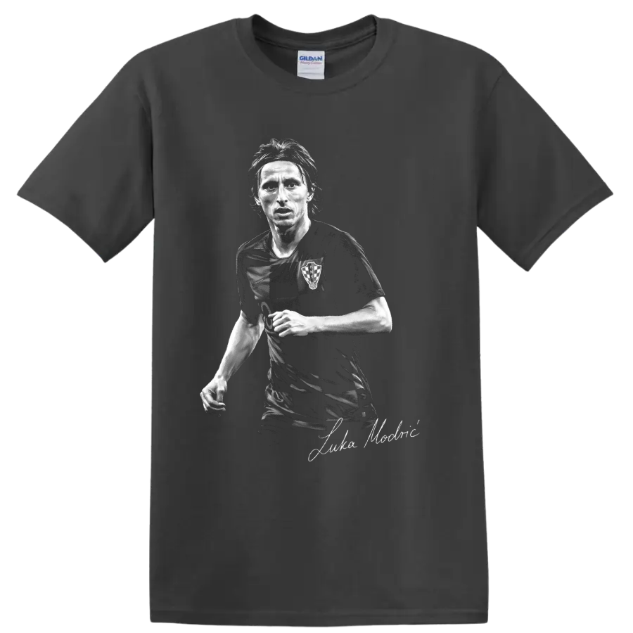 Luka Modric Croatia soccer midfielder grayscale portrait with signature-style script on a Charcoal T Shirt
