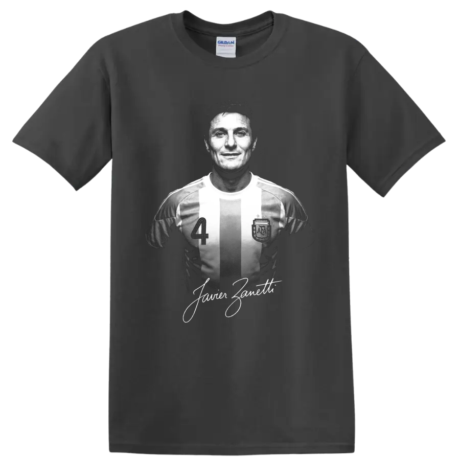 Javier Zanetti monochrome soccer portrait in striped number 4 jersey with signature on a Charcoal T Shirt