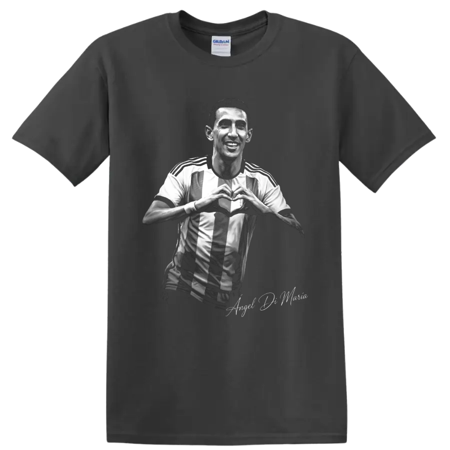 Ángel Di María monochrome soccer portrait making a heart gesture in a striped jersey on a Charcoal T Shirt