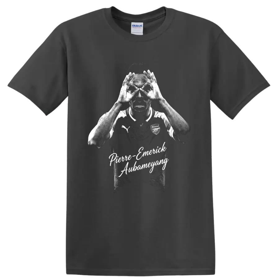 Pierre-Emerick Aubameyang Arsenal binocular celebration distressed portrait with script on a Charcoal T Shirt
