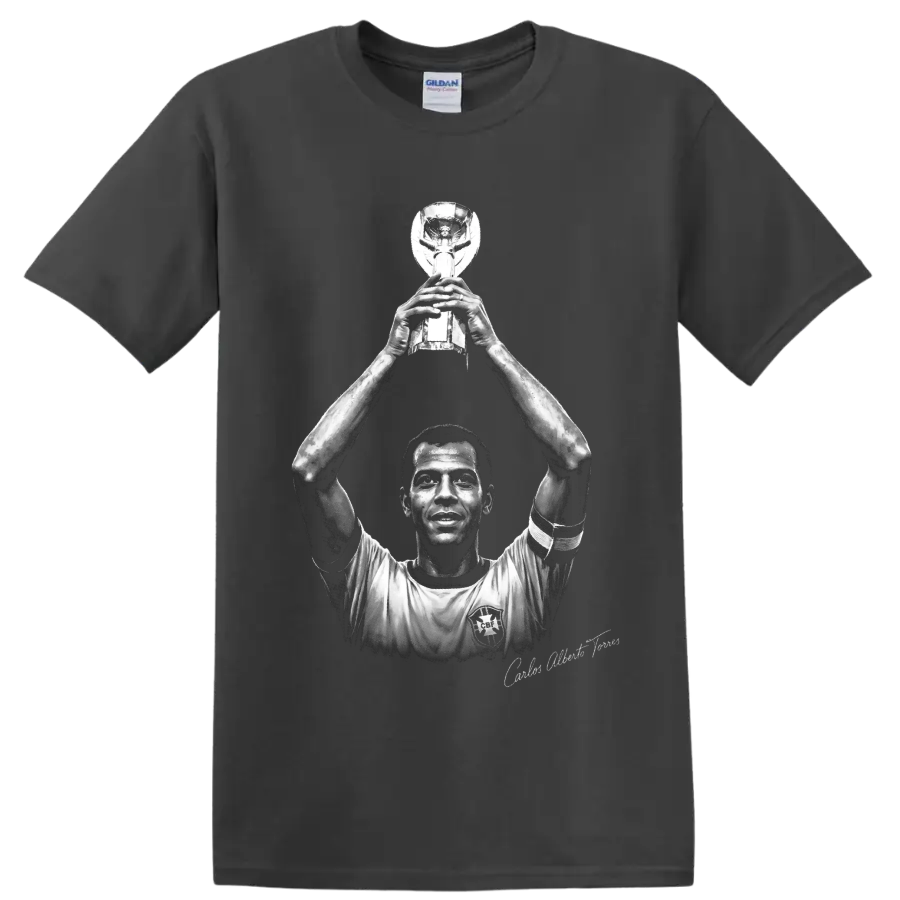 Carlos Alberto Torres lifting trophy in monochrome Brazilian soccer portrait artwork on a Charcoal T Shirt
