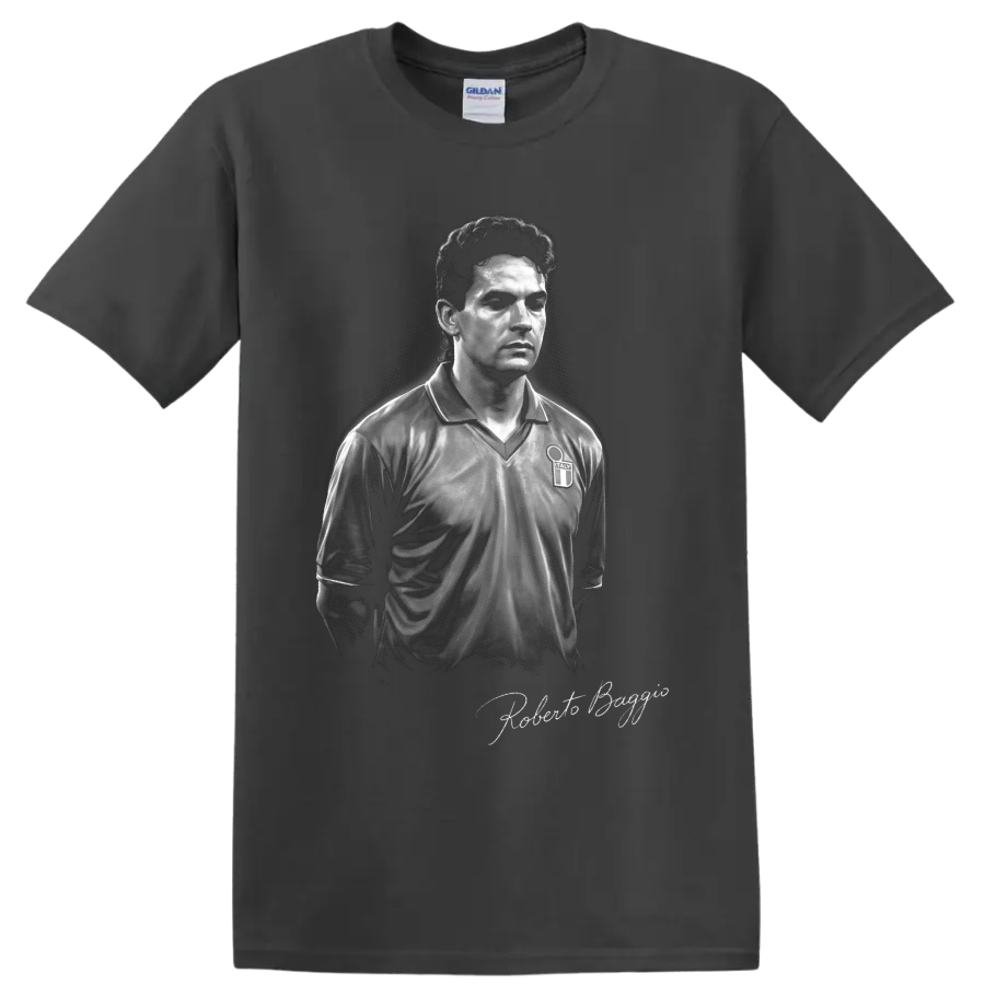 Monochrome Roberto Baggio Italy soccer portrait with signature-style lettering on a Charcoal T Shirt