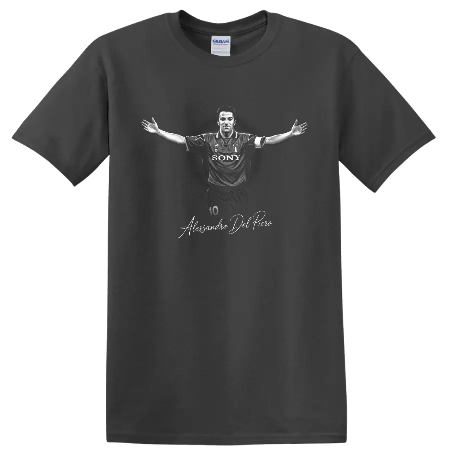 Alessandro Del Piero Juventus number 10 monochrome soccer portrait with signature on a Charcoal T Shirt