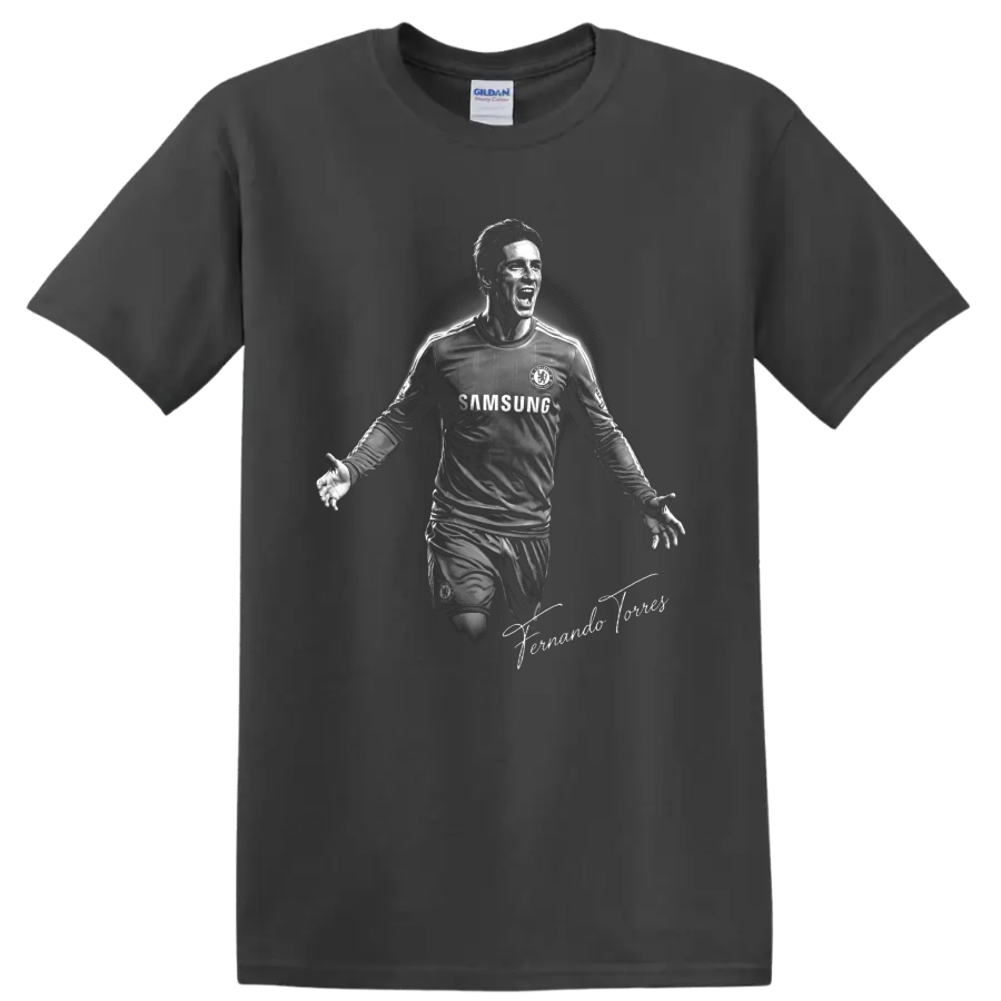 Fernando Torres Chelsea soccer celebration portrait in dramatic monochrome artwork on a Charcoal T Shirt