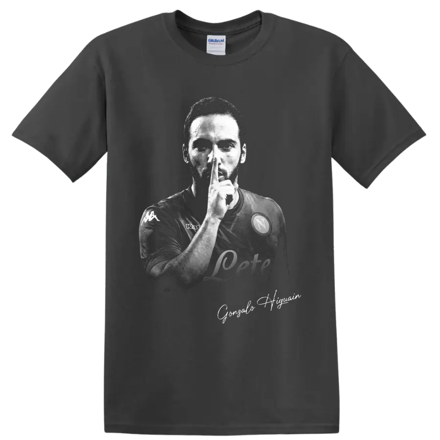 Gonzalo Higuain monochrome soccer portrait making a shushing gesture on a Charcoal T Shirt