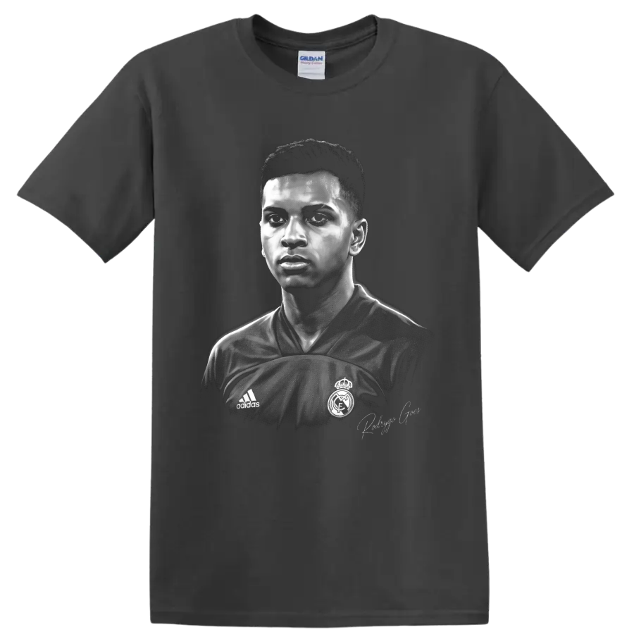 Rodrygo Goes monochrome soccer portrait in Real Madrid jersey with signature on a Charcoal T Shirt
