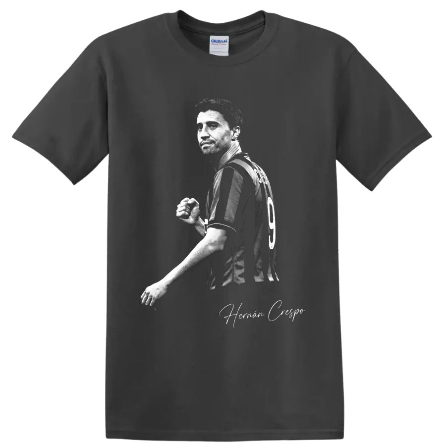 Hernan Crespo soccer portrait in striped number 9 jersey with signature-style script on a Charcoal T Shirt