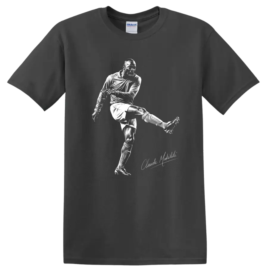 Claude Makelele soccer player kicking in a high-contrast monochrome sketch design on a Charcoal T Shirt