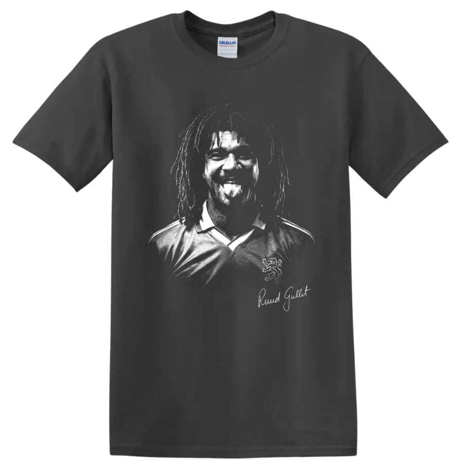 Distressed black-and-white Ruud Gullit soccer portrait with signature on a Charcoal T Shirt