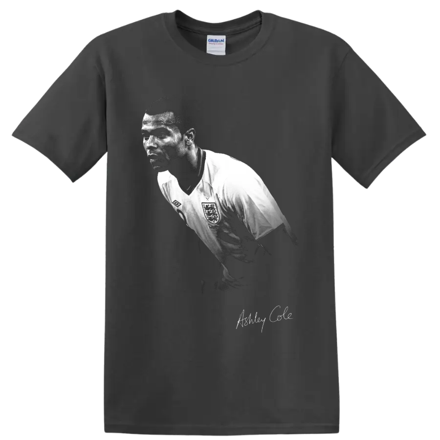 Ashley Cole England soccer defender portrait in distressed black-and-white style on a Charcoal T Shirt