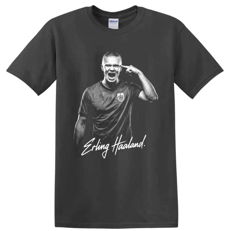 Erling Haaland Norway soccer portrait with signature-style name lettering on a Charcoal T Shirt