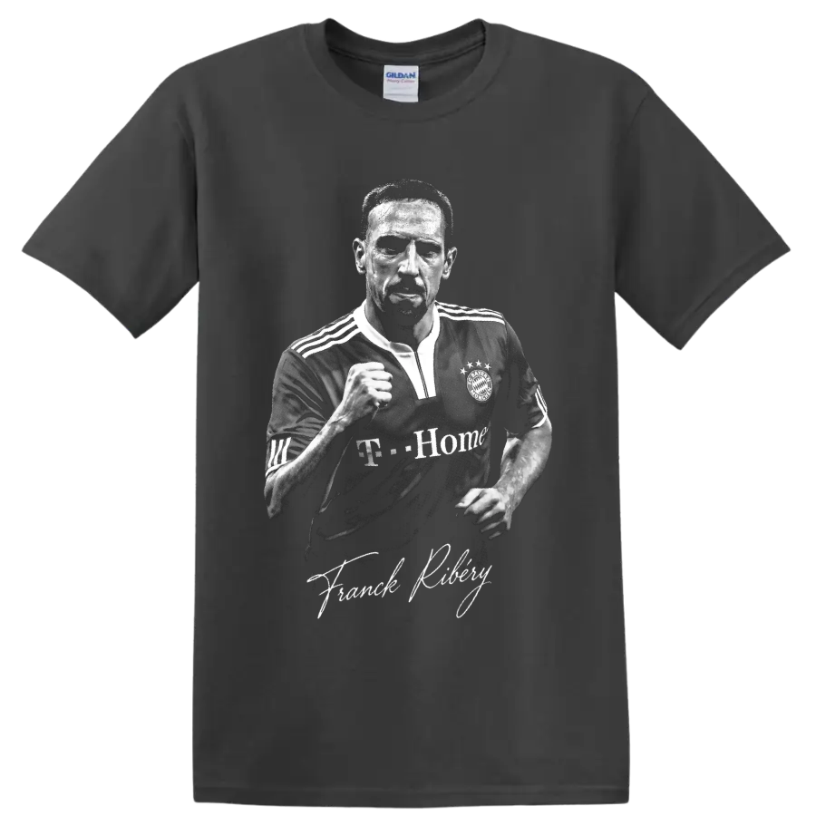 Franck Ribery Bayern Munich black-and-white soccer portrait with signature lettering on a Charcoal T Shirt
