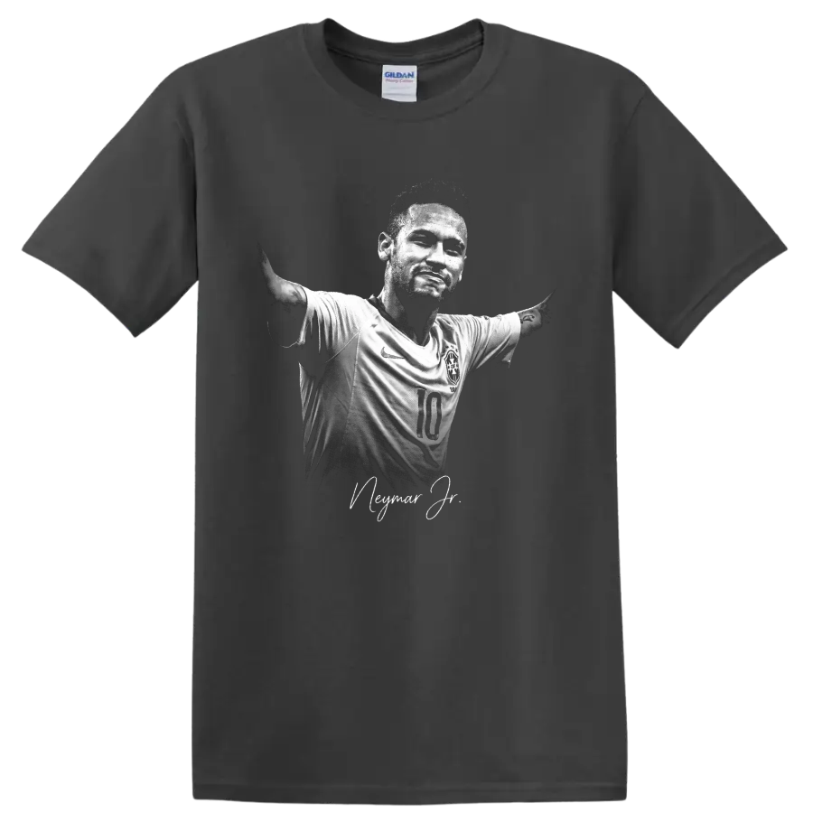 Neymar Jr Brazil number 10 soccer portrait with arms out and signature-style text on a Charcoal T Shirt