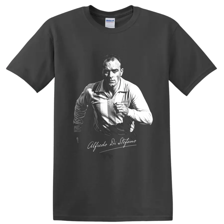 Alfredo Di Stéfano soccer portrait in vintage black-and-white style with signature script on a Charcoal T Shirt