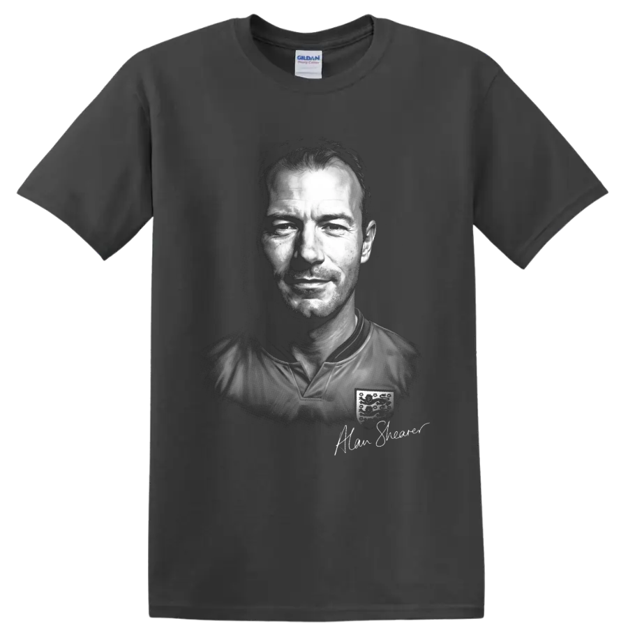 Alan Shearer black-and-white England soccer portrait with signature-style text on a Charcoal T Shirt