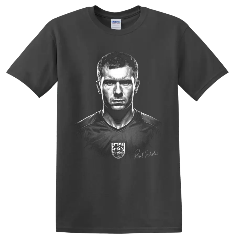 Paul Scholes monochrome soccer portrait with England crest and signature detail on a Charcoal T Shirt