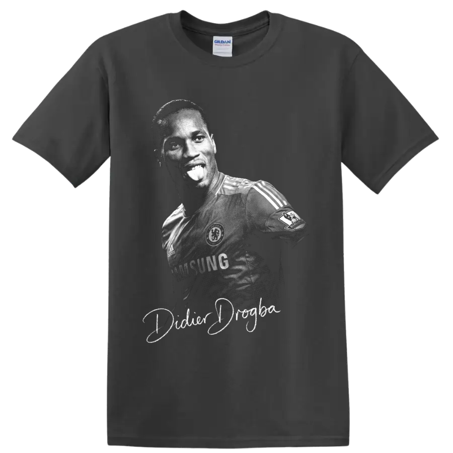 Didier Drogba Chelsea soccer portrait in vintage black-and-white with cursive name on a Charcoal T Shirt