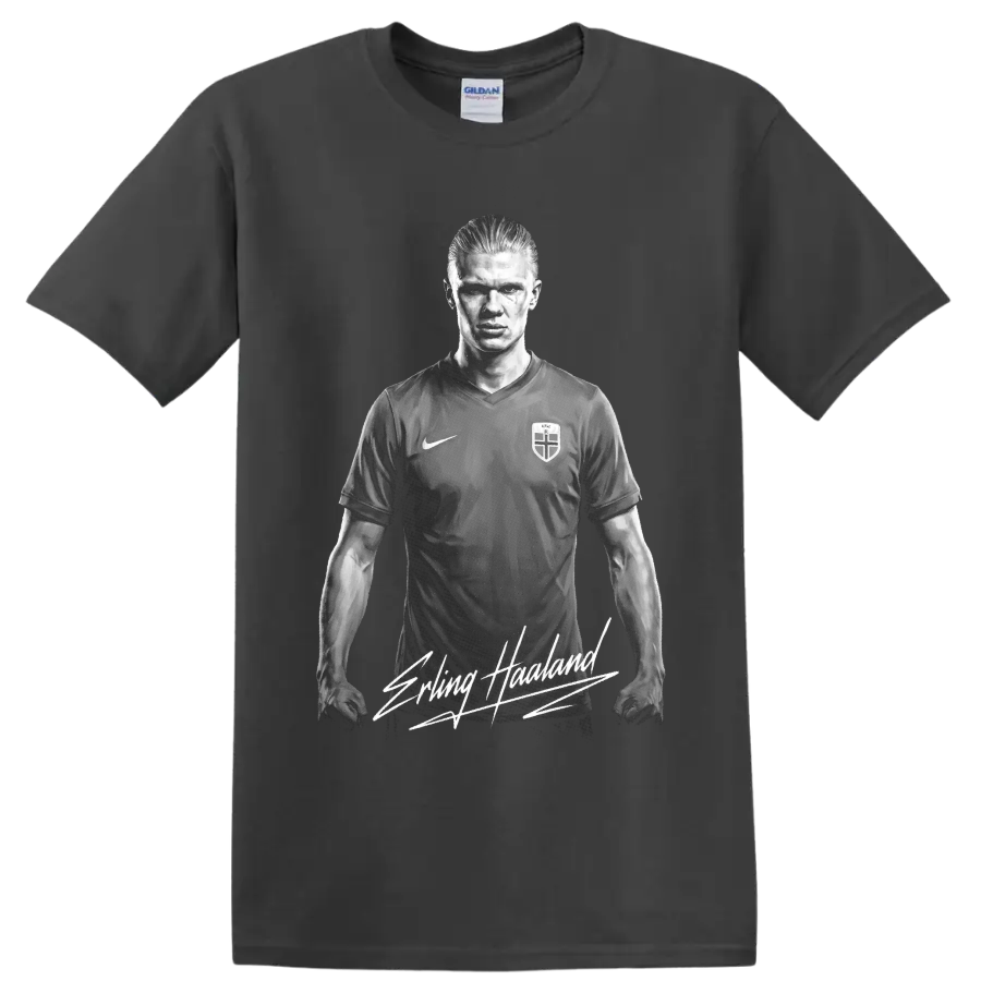 Grayscale Erling Haaland soccer portrait with signature-style lettering on a Charcoal T Shirt