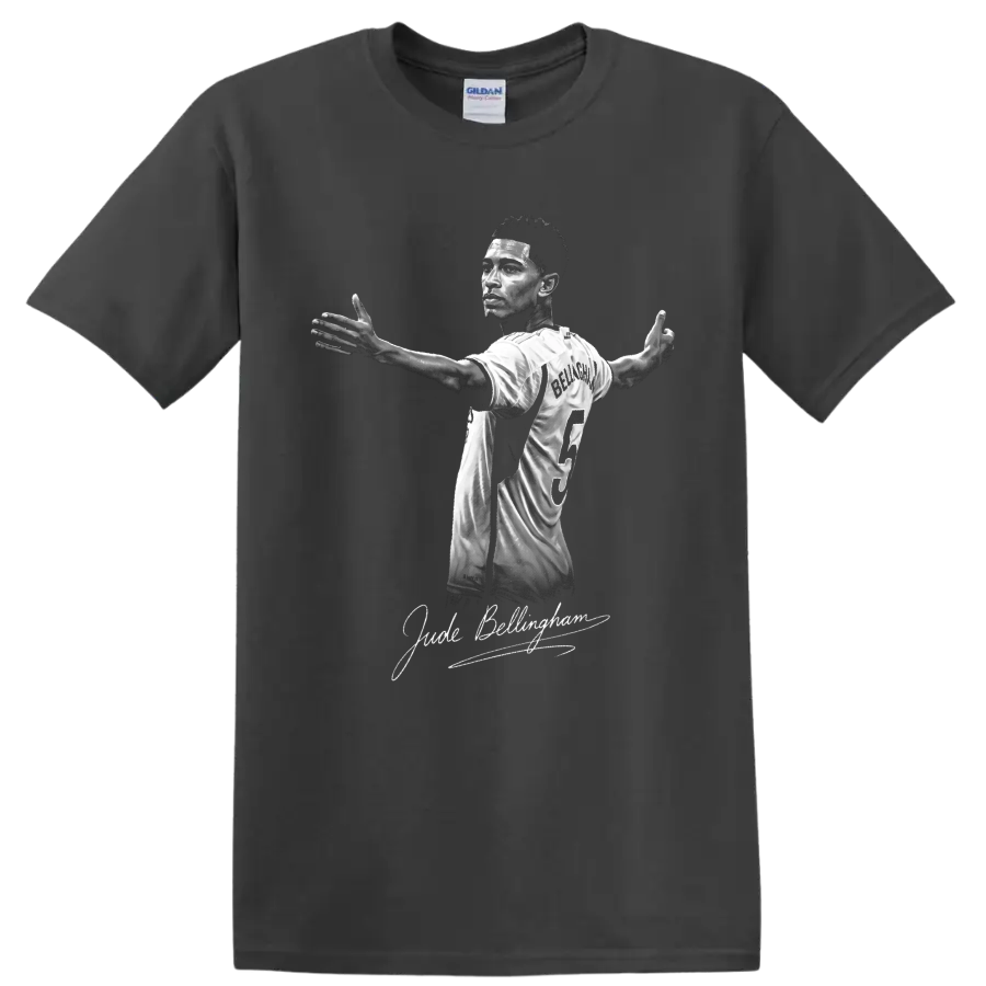 Jude Bellingham grayscale Real Madrid number 5 portrait with signature-style lettering on a Charcoal T Shirt