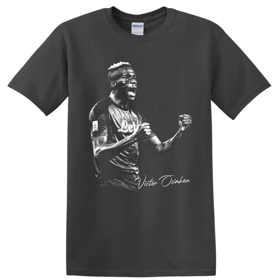 Victor Osimhen Napoli soccer celebration portrait with signature-style text on a Charcoal T Shirt