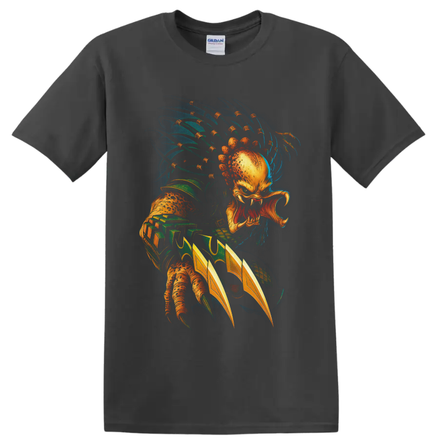 Unmasked Predator alien hunter with mandibles, wrist blades, and retro sci-fi art on a Charcoal T Shirt