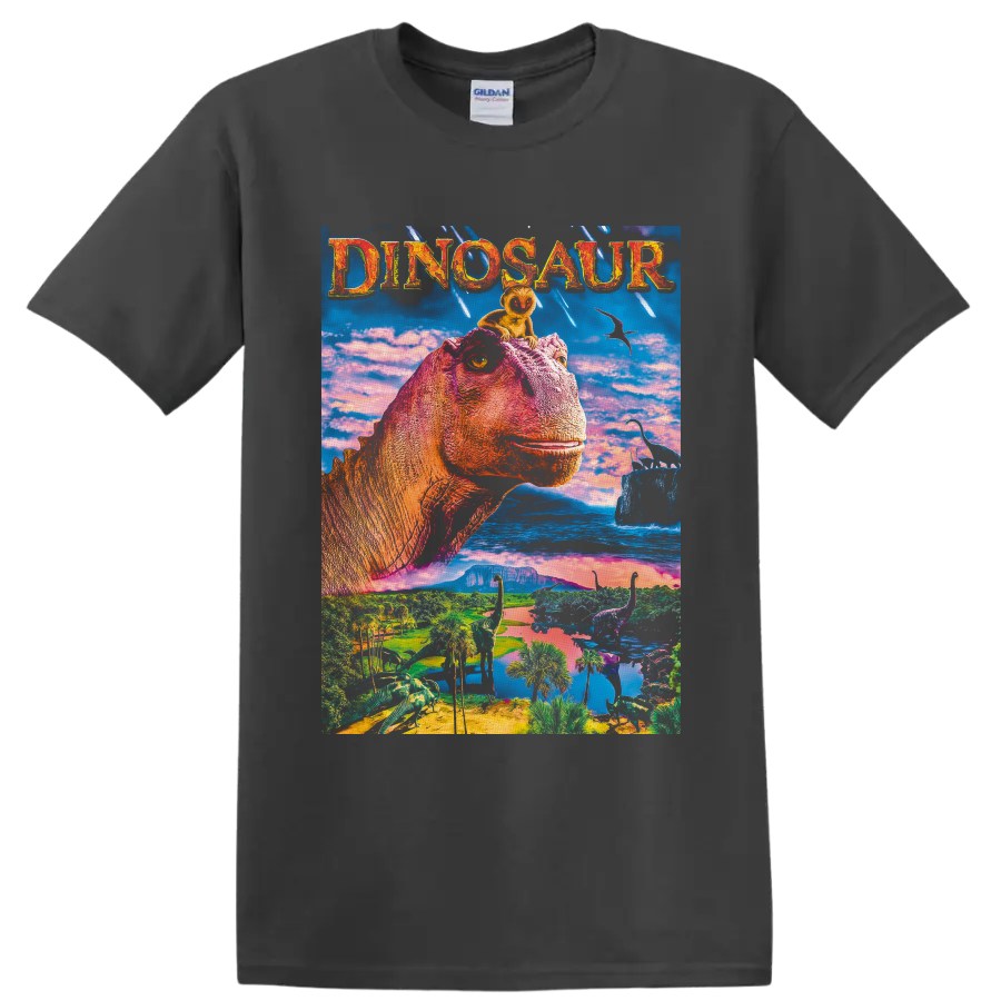 Aladar and Suri Dinosaur movie artwork with a colorful prehistoric valley on a Charcoal T Shirt