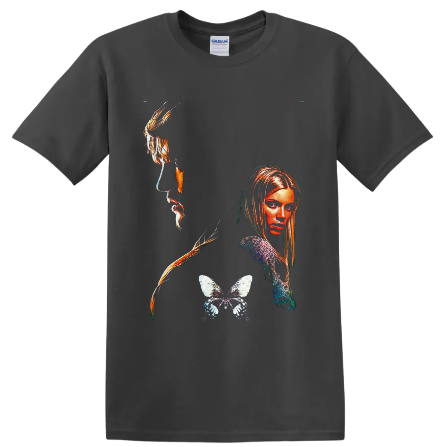 Surreal portrait collage with orange-gold accents and detailed butterfly graphic on a Charcoal T Shirt