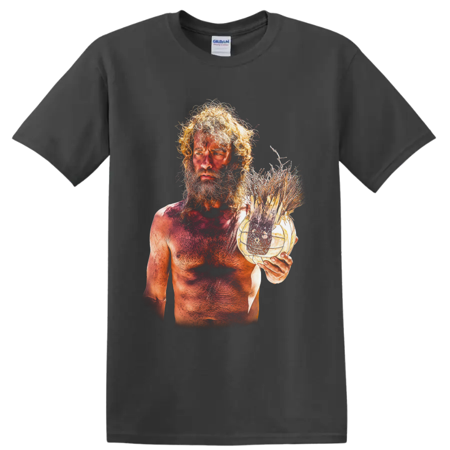 Chuck Noland Cast Away survival portrait with handmade volleyball companion graphic on a Charcoal T Shirt