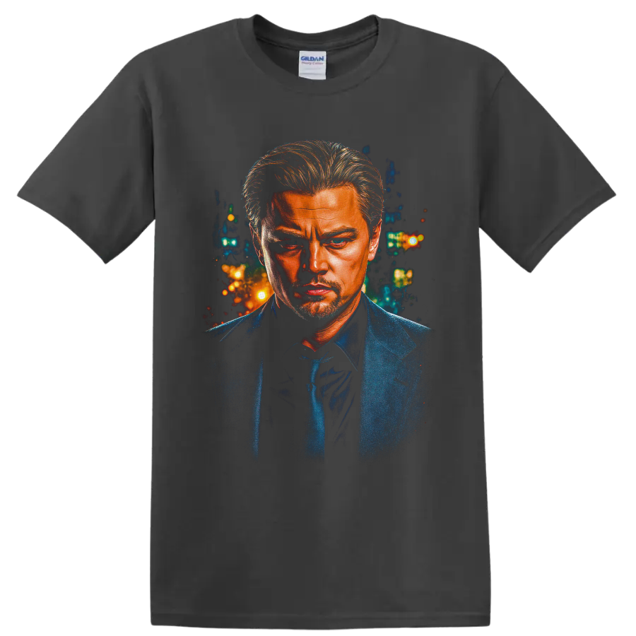 Dominic Cobb as Leonardo DiCaprio in a painterly neon city portrait on a Charcoal T Shirt