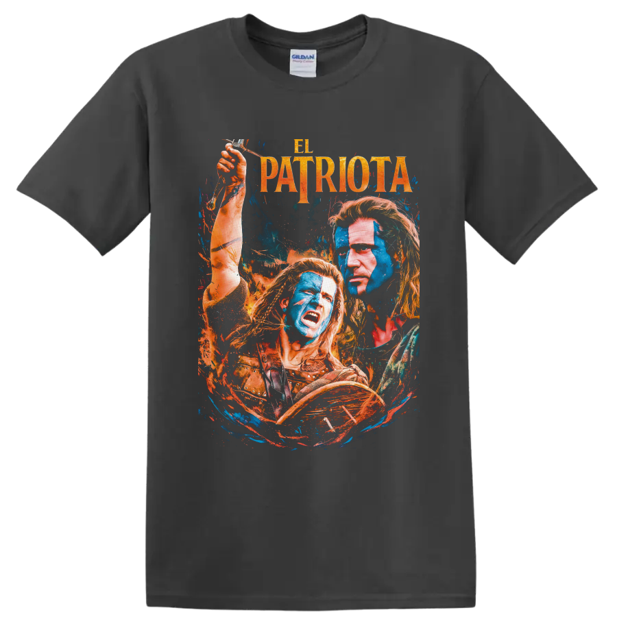 Benjamin Martin with colonial figures in distressed blue and orange The Patriot artwork on a Charcoal T Shirt