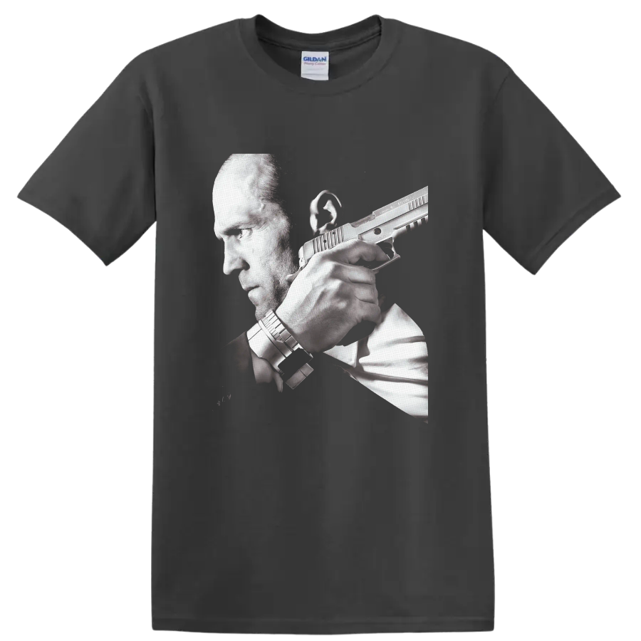Frank Martin Transporter 3 grayscale action portrait with handgun on a Charcoal T Shirt