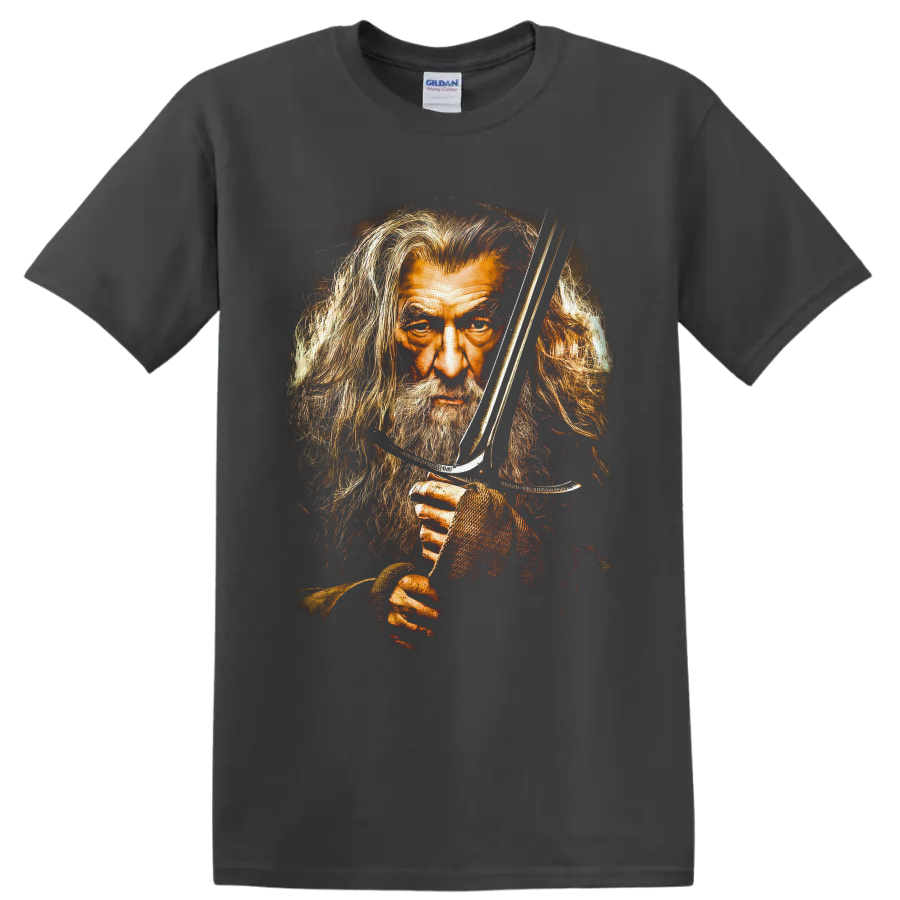 Gandalf portrait with sword in distressed painterly fantasy artwork on a Charcoal T Shirt