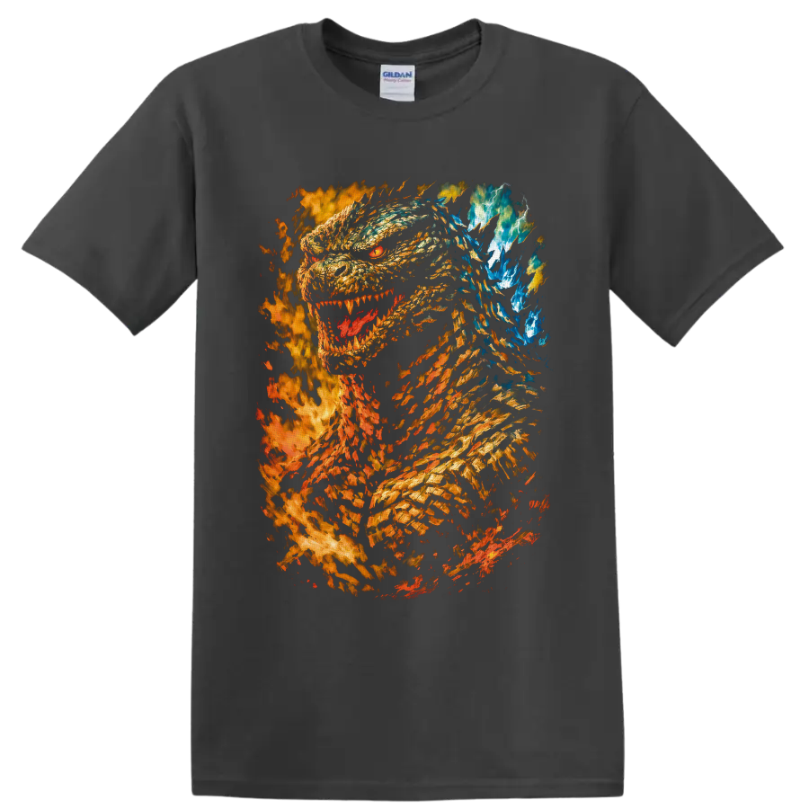 Burning Godzilla roaring amid flames, sparks, blue energy, and lightning on a Charcoal T Shirt