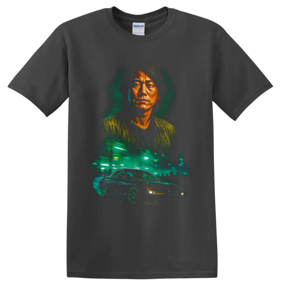 Han Lue neon portrait with a street-racing car and glowing city lights on a Charcoal T Shirt