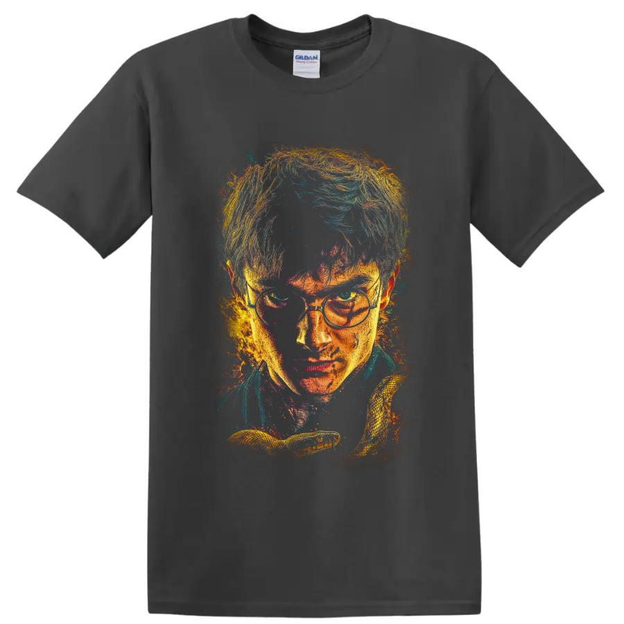 Harry Potter wizard portrait in distressed paint-splatter style with Golden Snitch on a Charcoal T Shirt