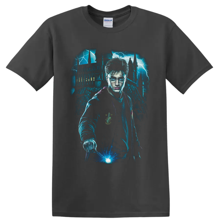Harry Potter with glowing wand, lightning, and Gothic castle fantasy graphic on a Charcoal T Shirt