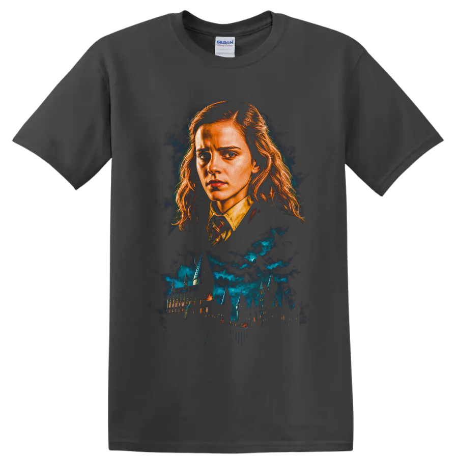 Hermione Granger portrait above Hogwarts castle in dramatic fantasy illustration on a Charcoal T Shirt